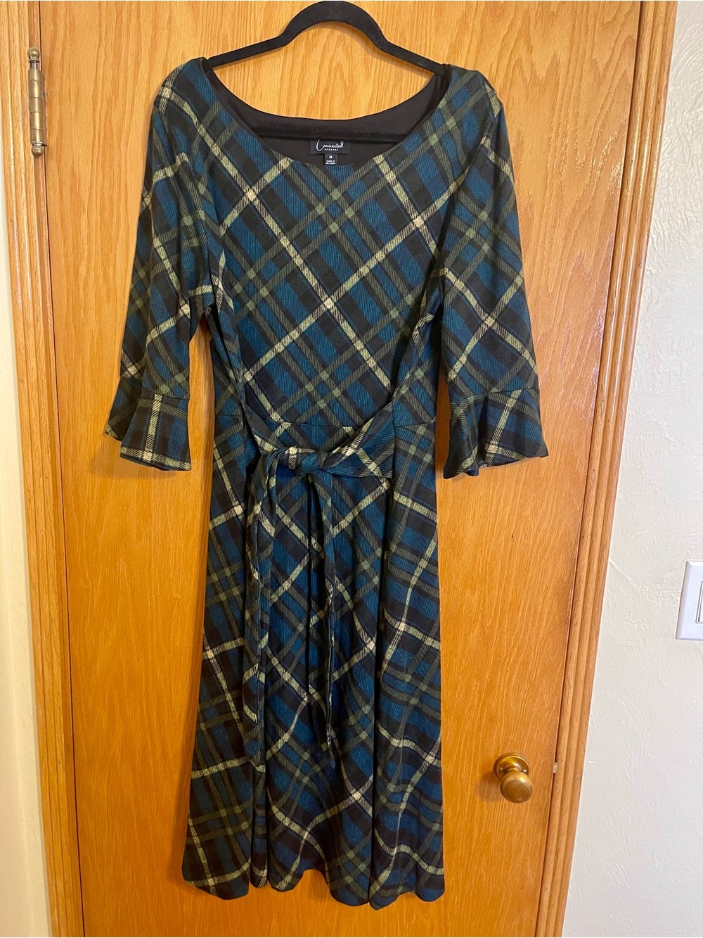 Green Plaid Belted Midi Dress